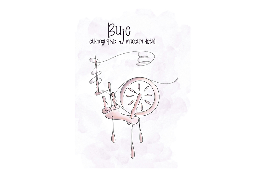 dees illustration of an old spinning wheel for the ethnographic museum Buje