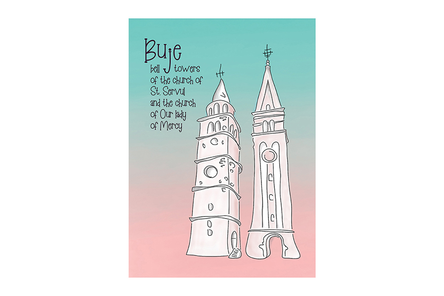 dees illustration of the towns two church bell towers for the ethnographic museum Buje
